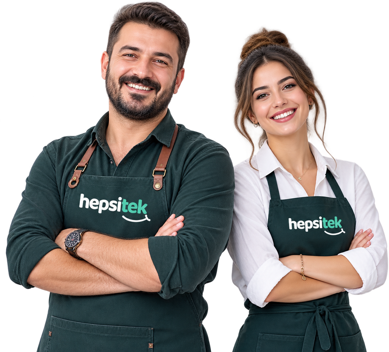 Hepsitek önlüğü giyen iki işletme sahibi gülümsüyor