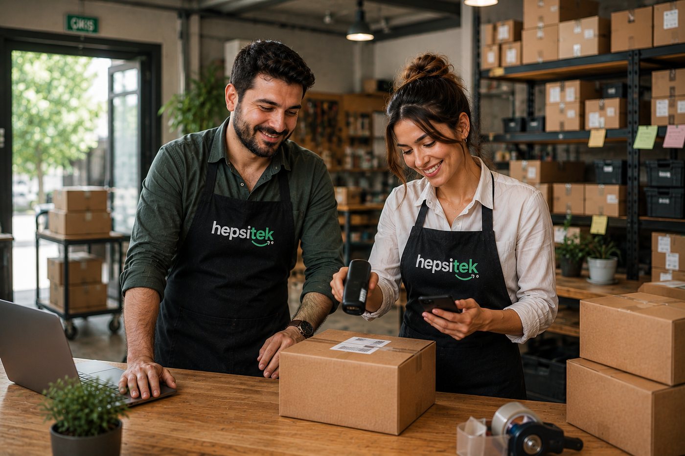 Hepsitek önlüğü giyen bir çalışan, depoda el terminaliyle barkod okutuyor