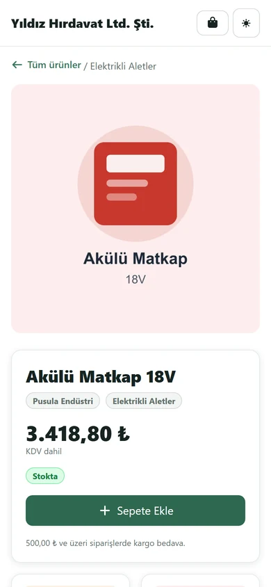 Hepsitek sanal mağaza ürün sayfası telefon görünümü: ürün adı, KDV dahil fiyat, stok durumu ve sepete ekle
