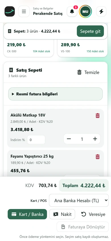Hepsitek Perakende Satış ekranı telefon görünümü: sepet özeti, adet ayarı, KDV ve toplam